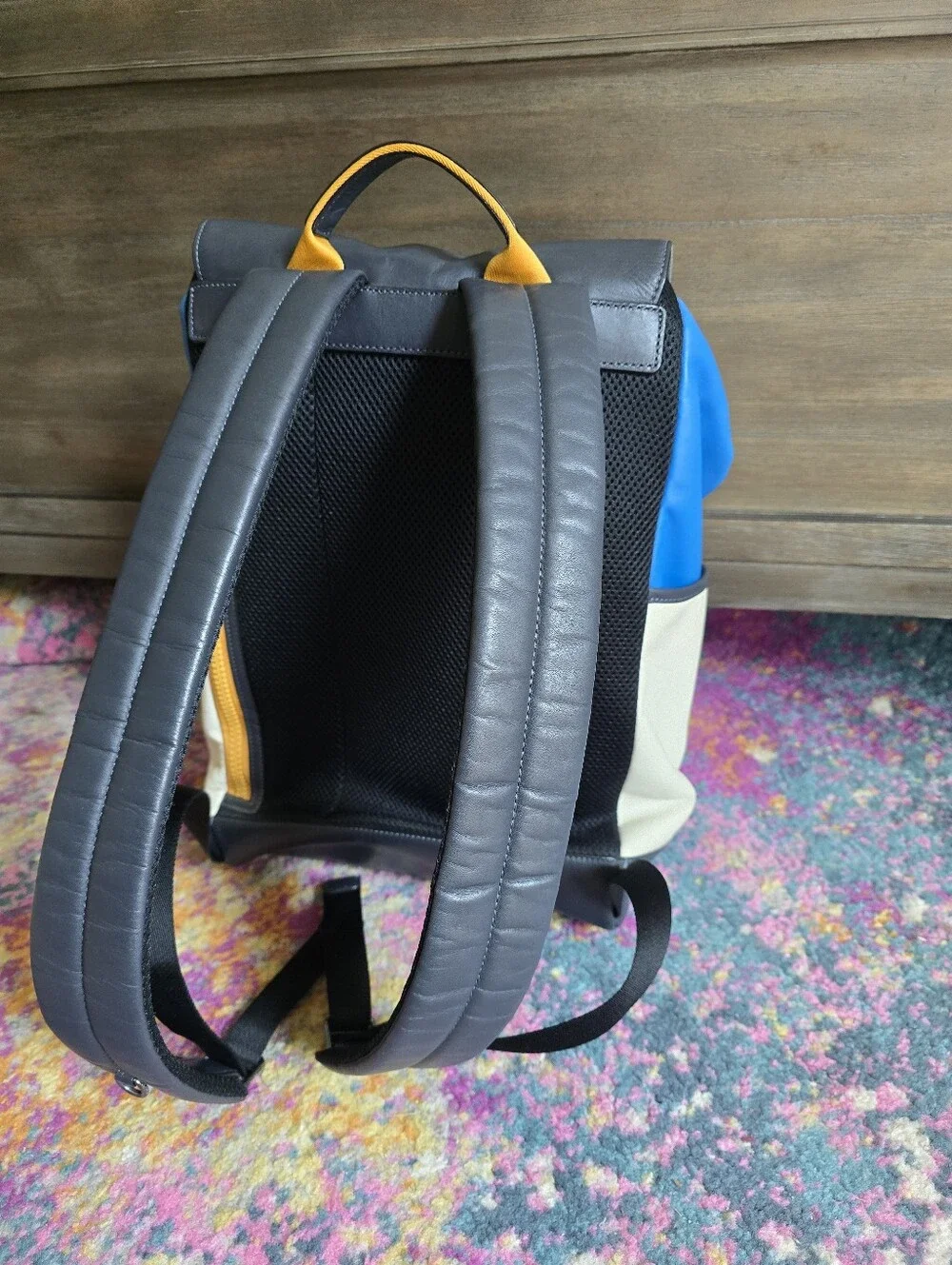Coach Blue, Navy & Cream Nylon Leather Backpack with Orange Accents